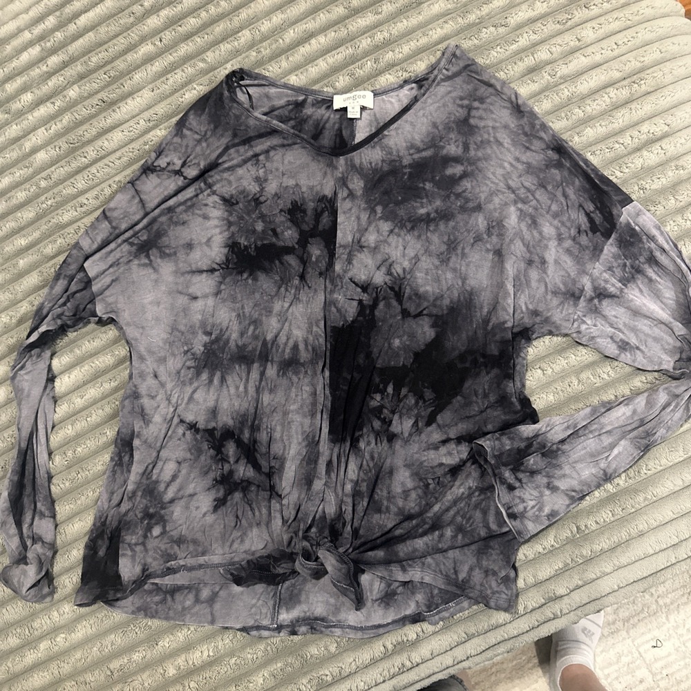 Umgee Charcoal Front Tie Top Blouse Cloud V-neck Long Sleeve Lightweight Size M